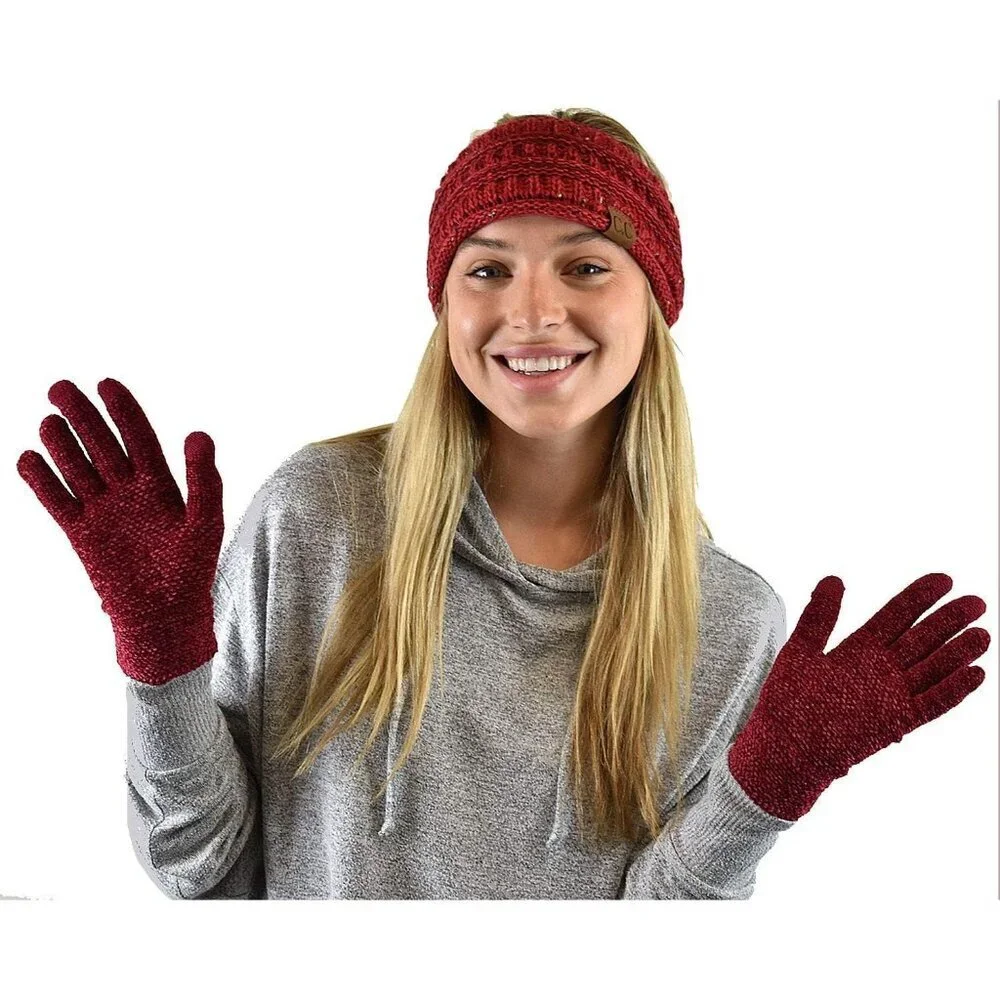 Women's Burgundy Winter Warm Eco-friendly Chenille Touchscreen Texting Gloves